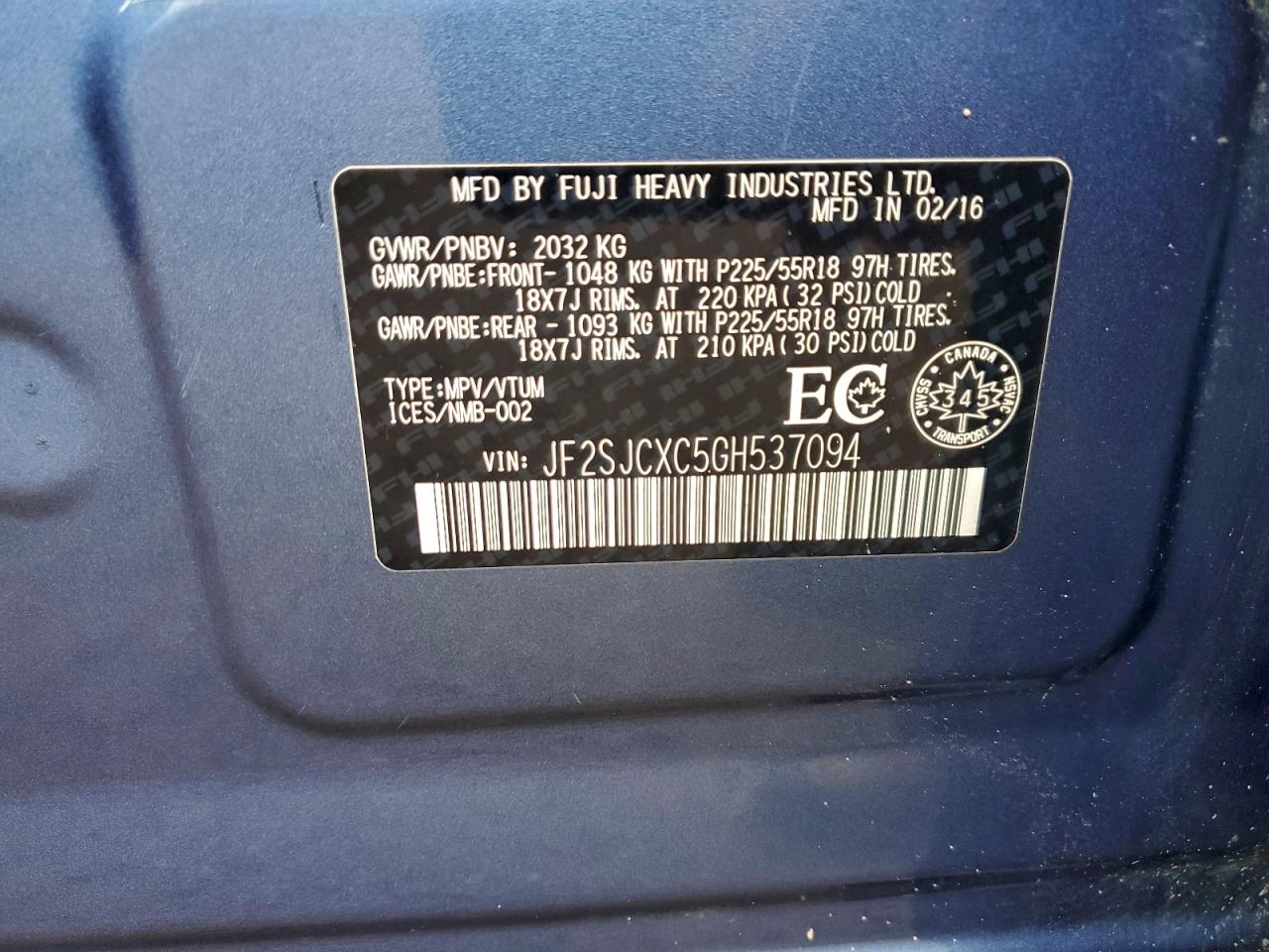 2016 Subaru Forester 2.5I Touring VIN: JF2SJCXC5GH537094 Lot: 94046695