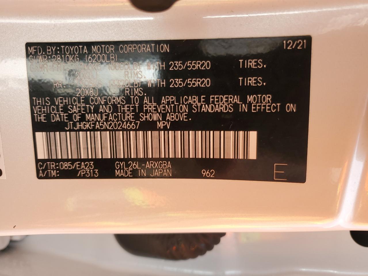 2022 Lexus Rx 450H L VIN: JTJHGKFA5N2024667 Lot: 90658645