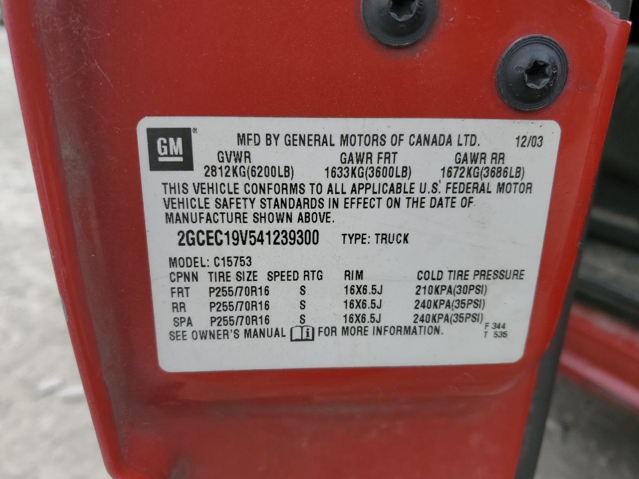 2004 Chevrolet Silverado C1500 VIN: 2GCEC19V541239300 Lot: 92296155