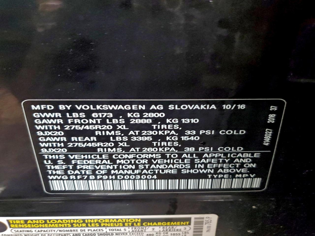 2017 Volkswagen Touareg Wolfsburg VIN: WVGRF7BP9HD003004 Lot: 93638025