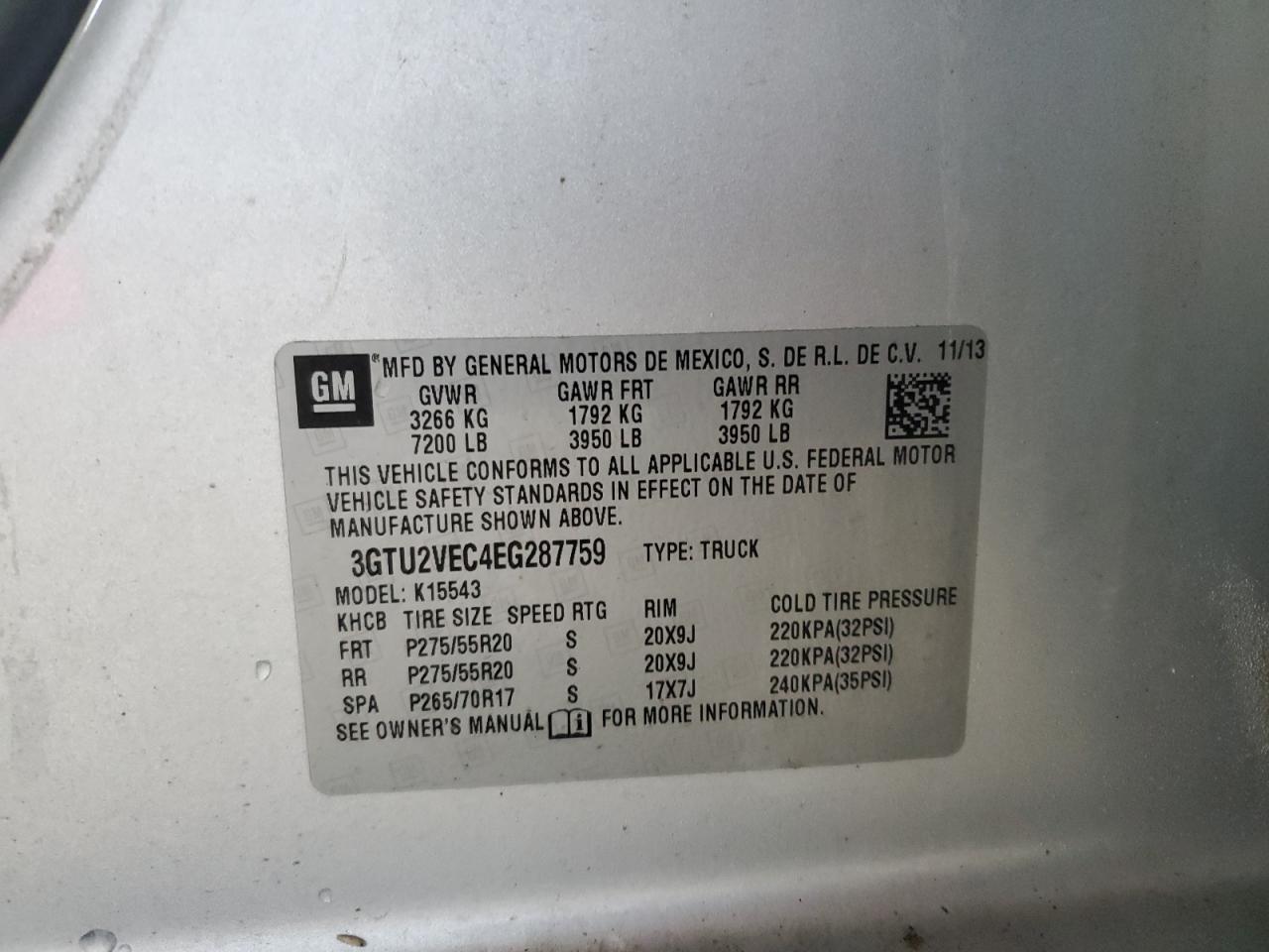 2014 GMC Sierra K1500 Slt VIN: 3GTU2VEC4EG287759 Lot: 90515055