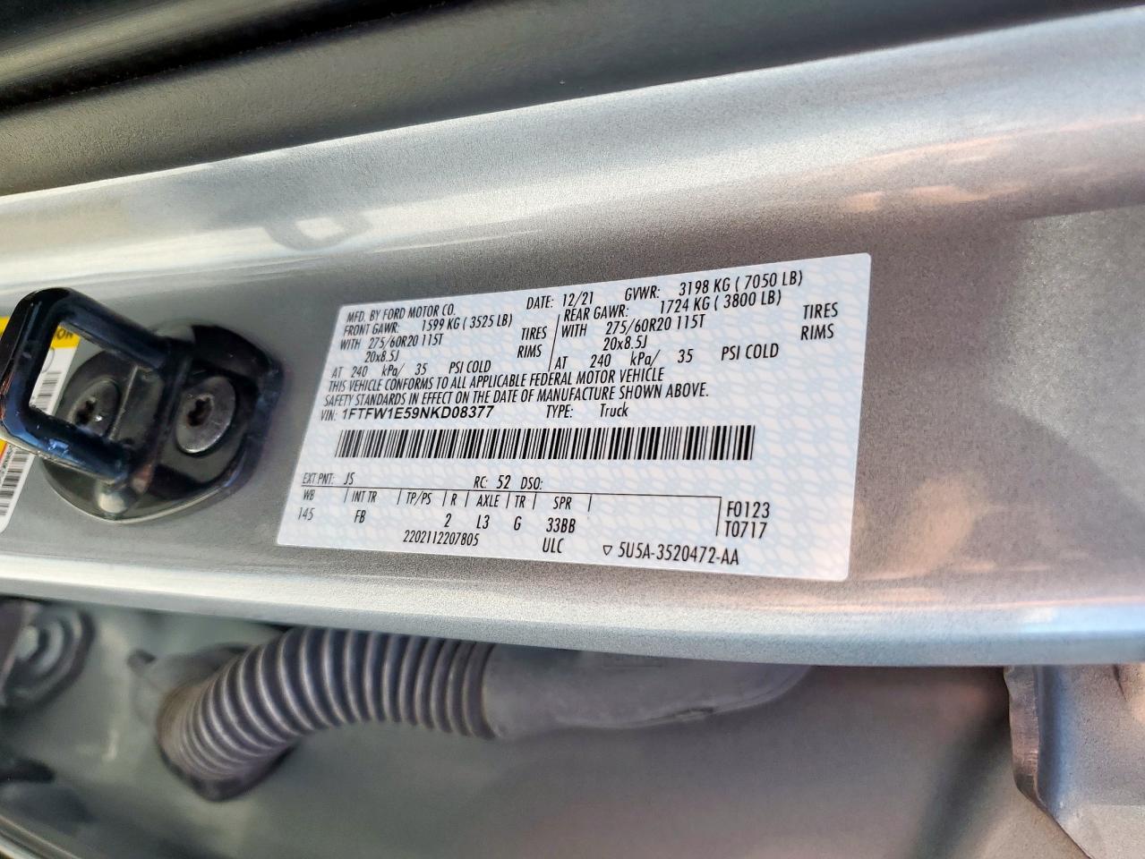 2022 Ford F150 Supercrew VIN: 1FTFW1E59NKD08377 Lot: 92385475