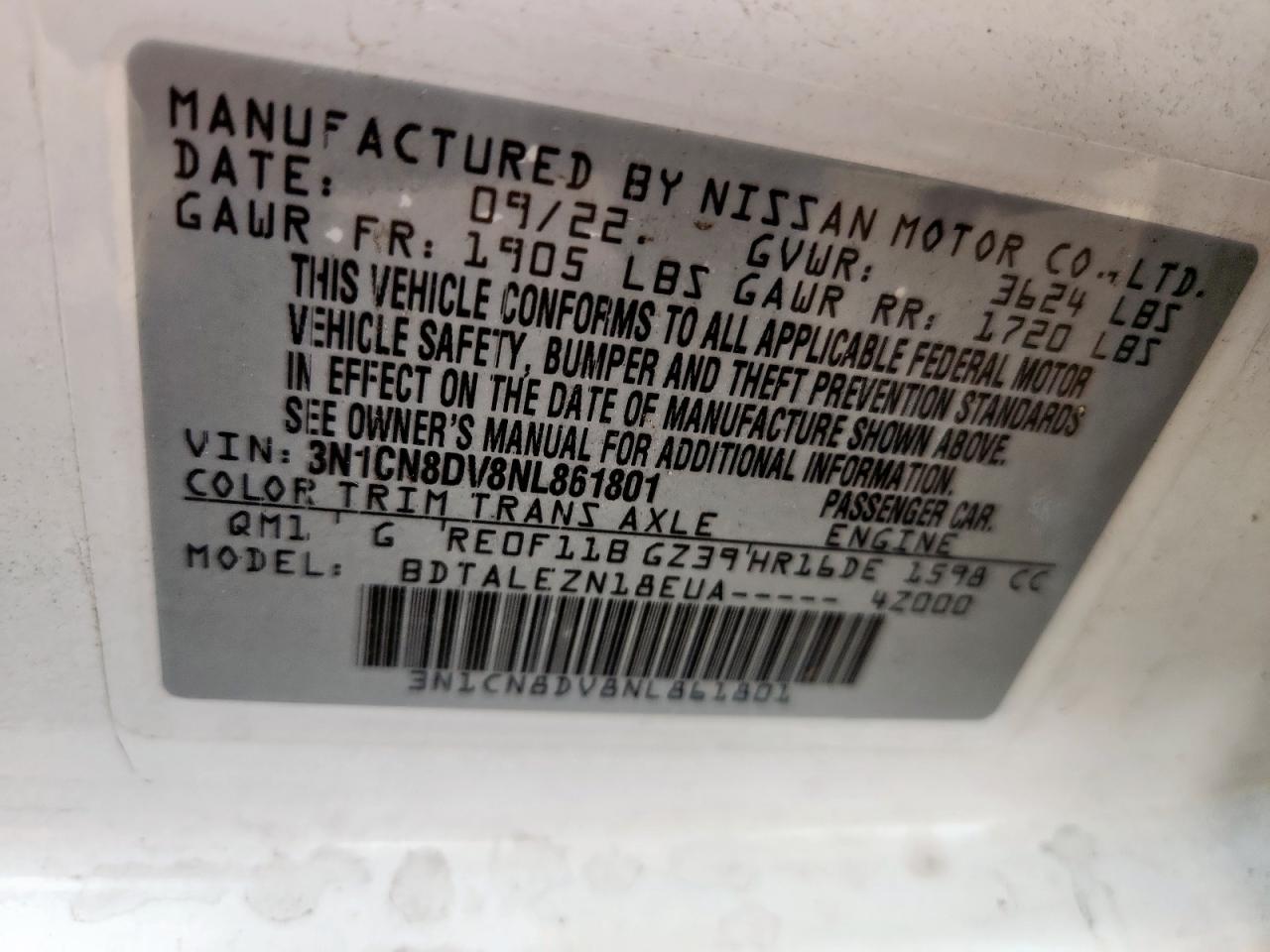 2022 Nissan Versa S VIN: 3N1CN8DV8NL861801 Lot: 93416175