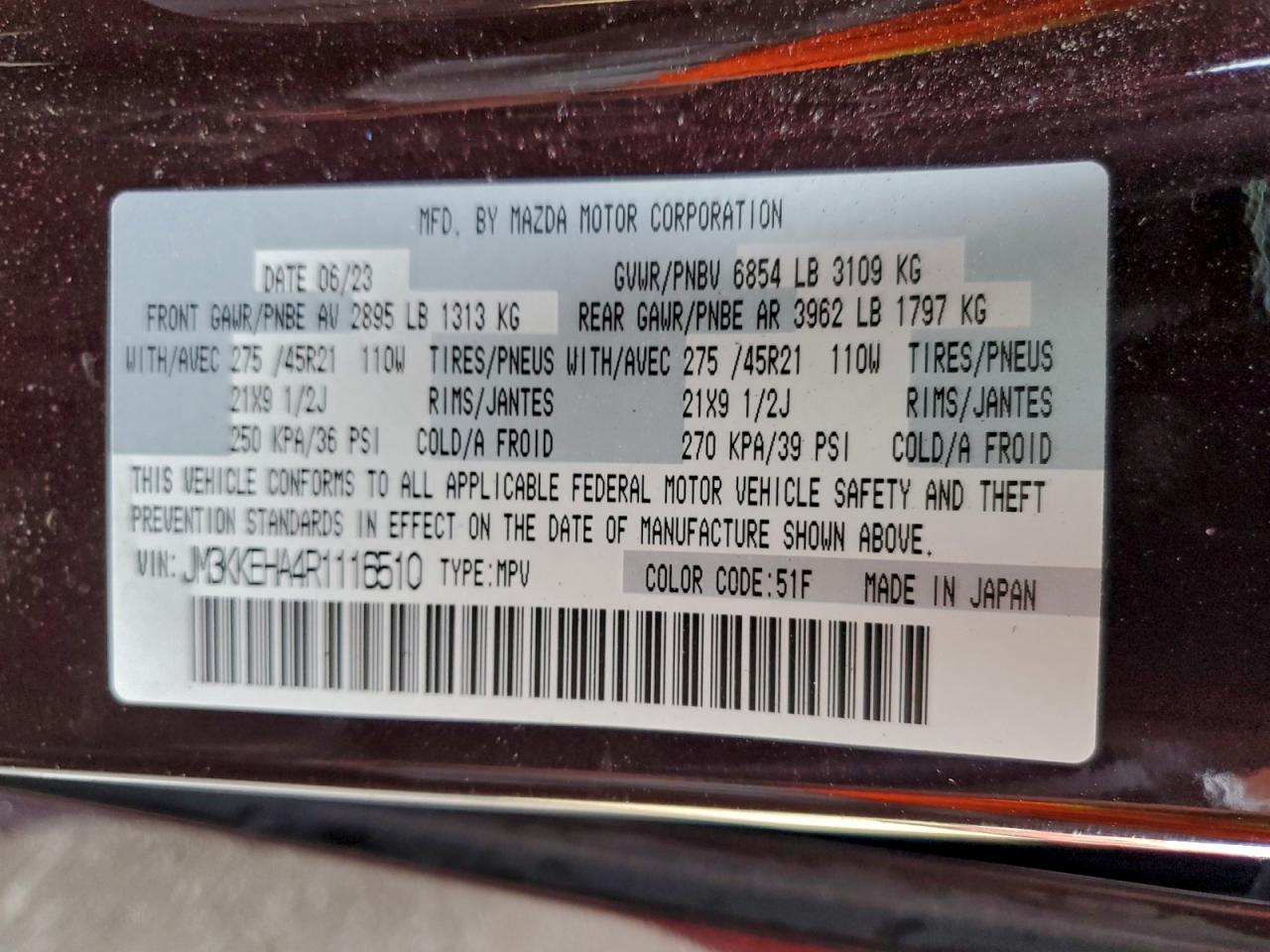 2024 Mazda Cx-90 Premium Plus VIN: JM3KKEHA4R1116510 Lot: 93907115