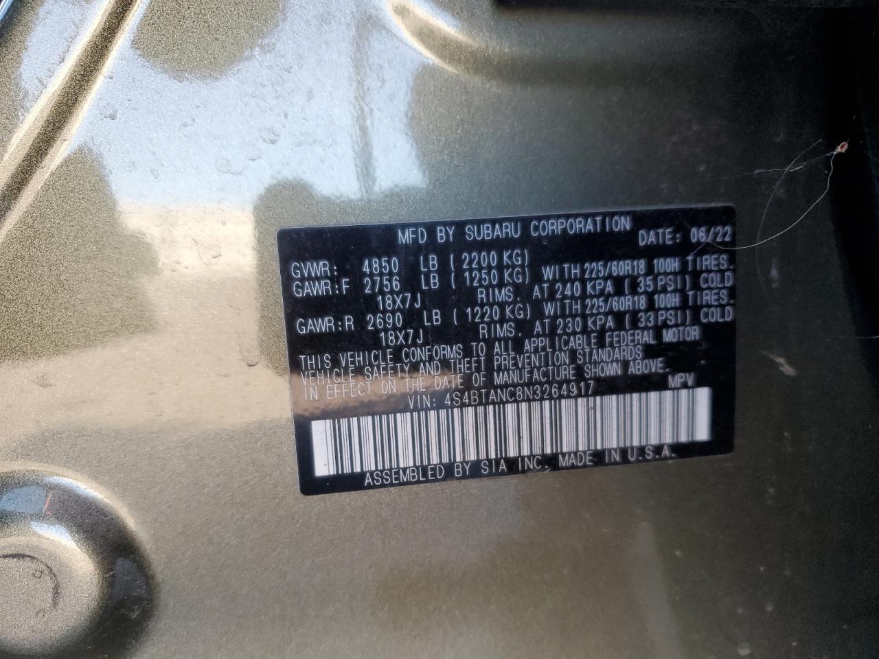 2022 Subaru Outback Limited VIN: 4S4BTANC8N3264917 Lot: 91970175