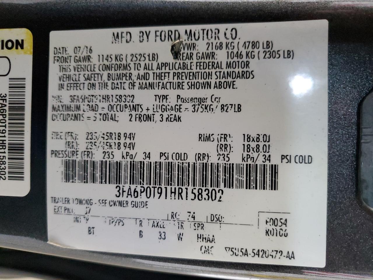 2017 Ford Fusion Se VIN: 3FA6P0T91HR158302 Lot: 91385115