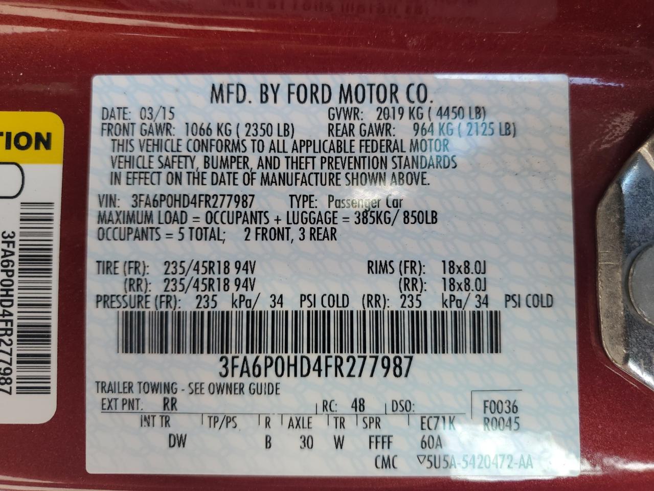 2015 Ford Fusion Se VIN: 3FA6P0HD4FR277987 Lot: 91087865