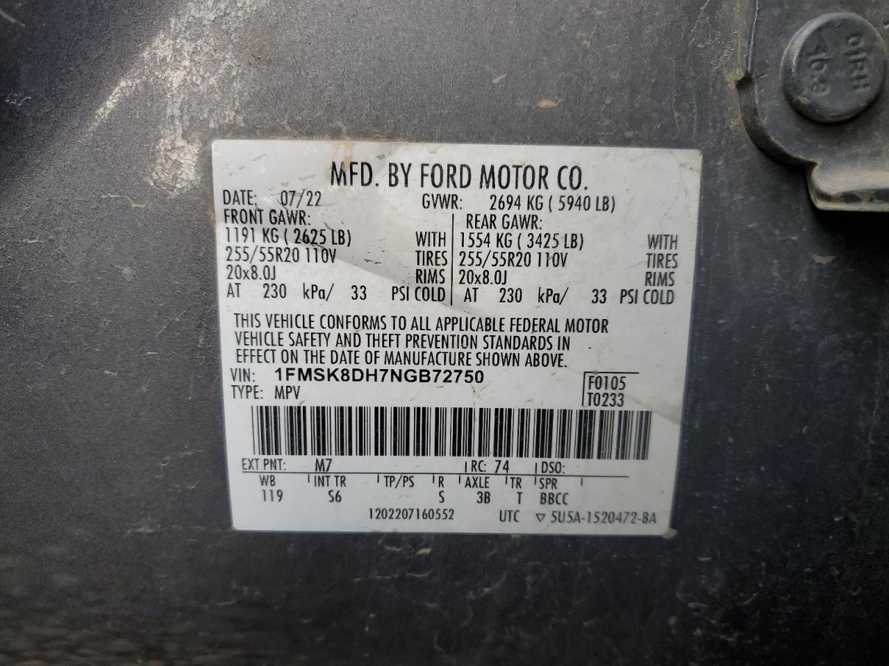 2022 Ford Explorer Xlt VIN: 1FMSK8DH7NGB72750 Lot: 92882375