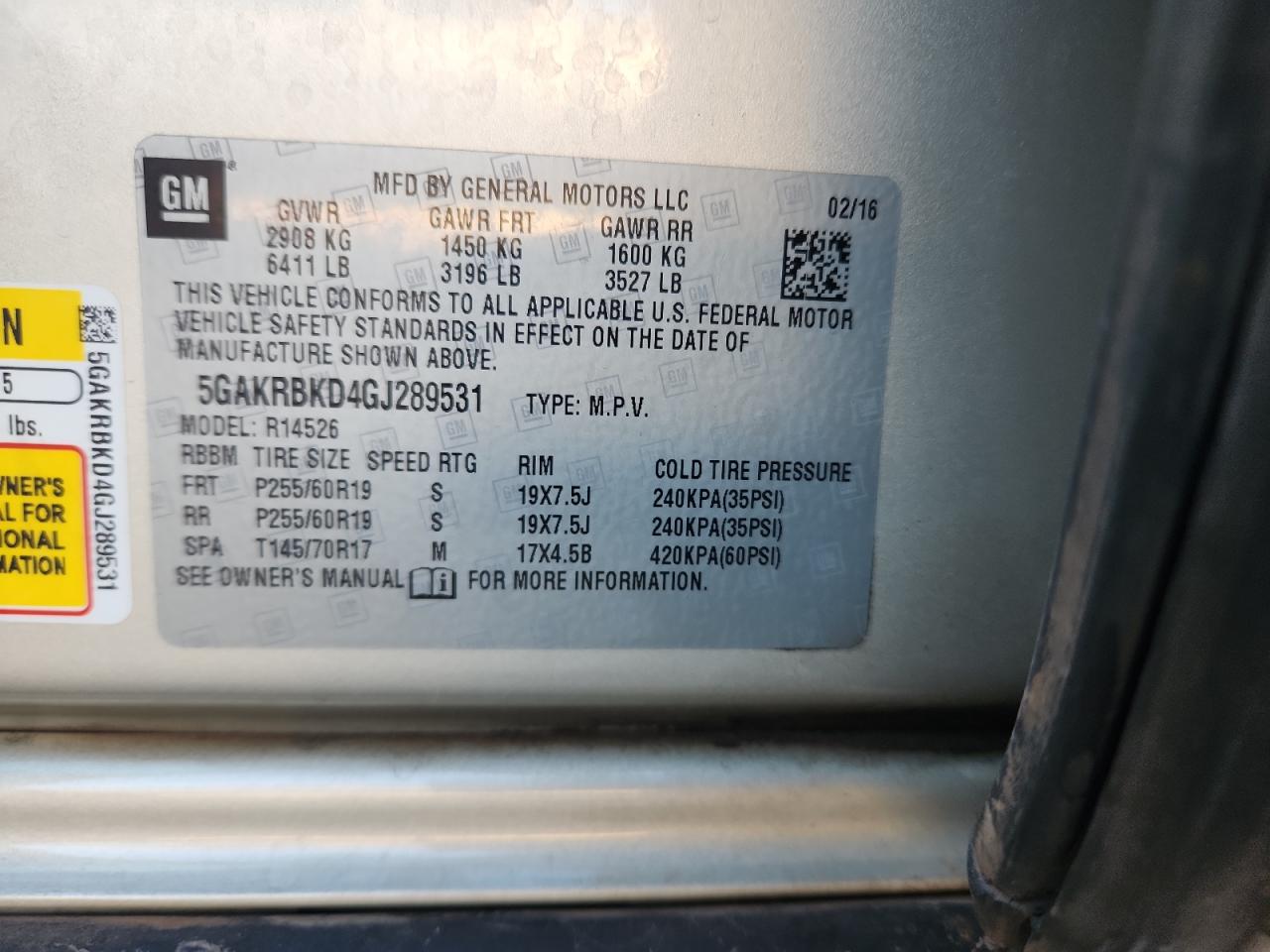 2016 Buick Enclave VIN: 5GAKRBKD4GJ289531 Lot: 91677505