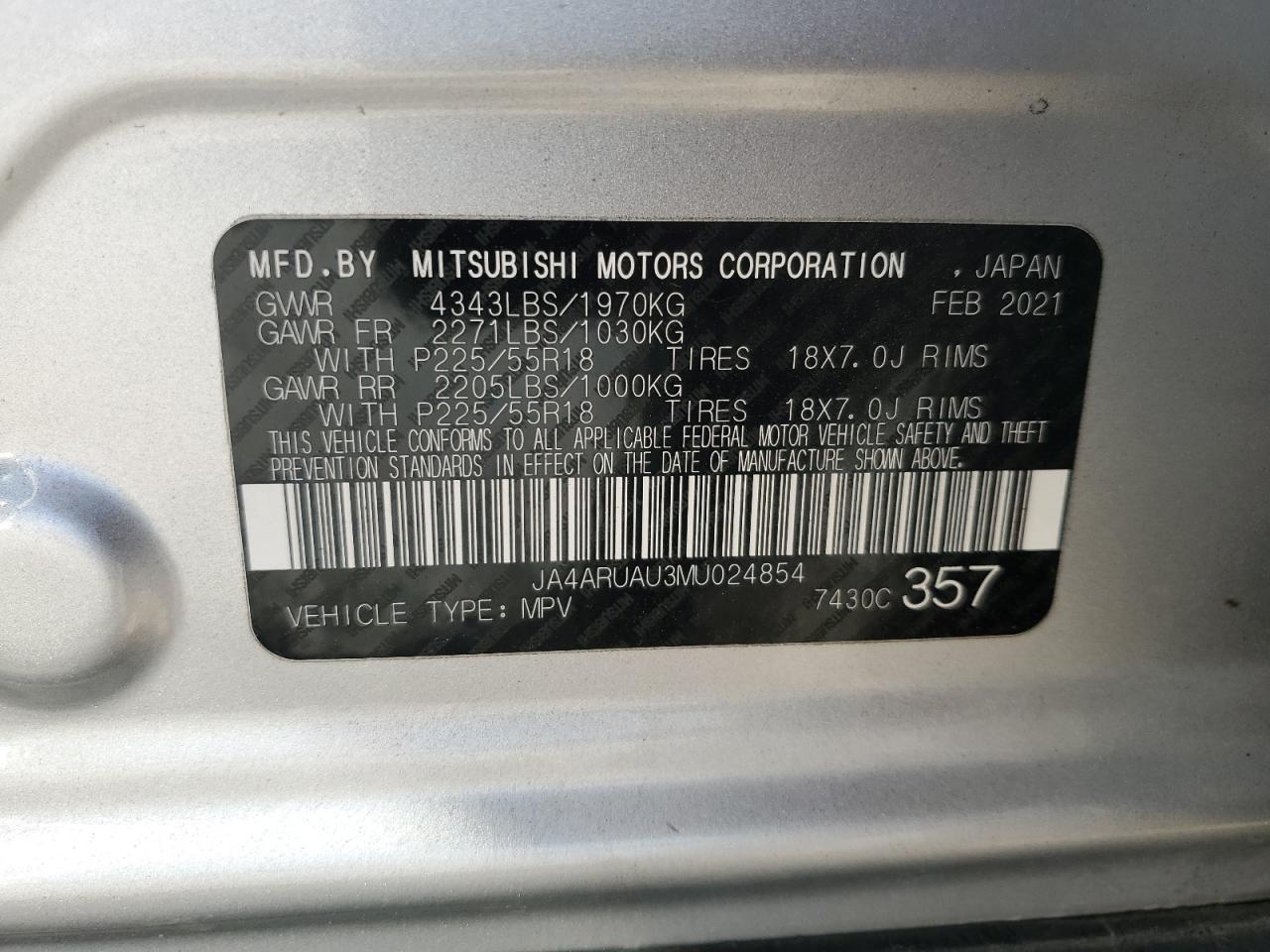 2021 Mitsubishi Outlander Sport Es VIN: JA4ARUAU3MU024854 Lot: 85415795