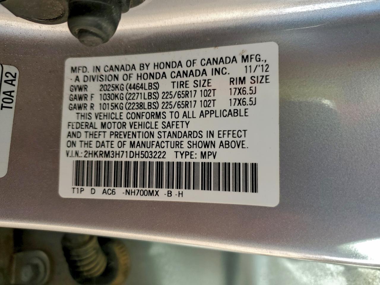 2013 Honda Cr-V Exl VIN: 2HKRM3H71DH503222 Lot: 94501655