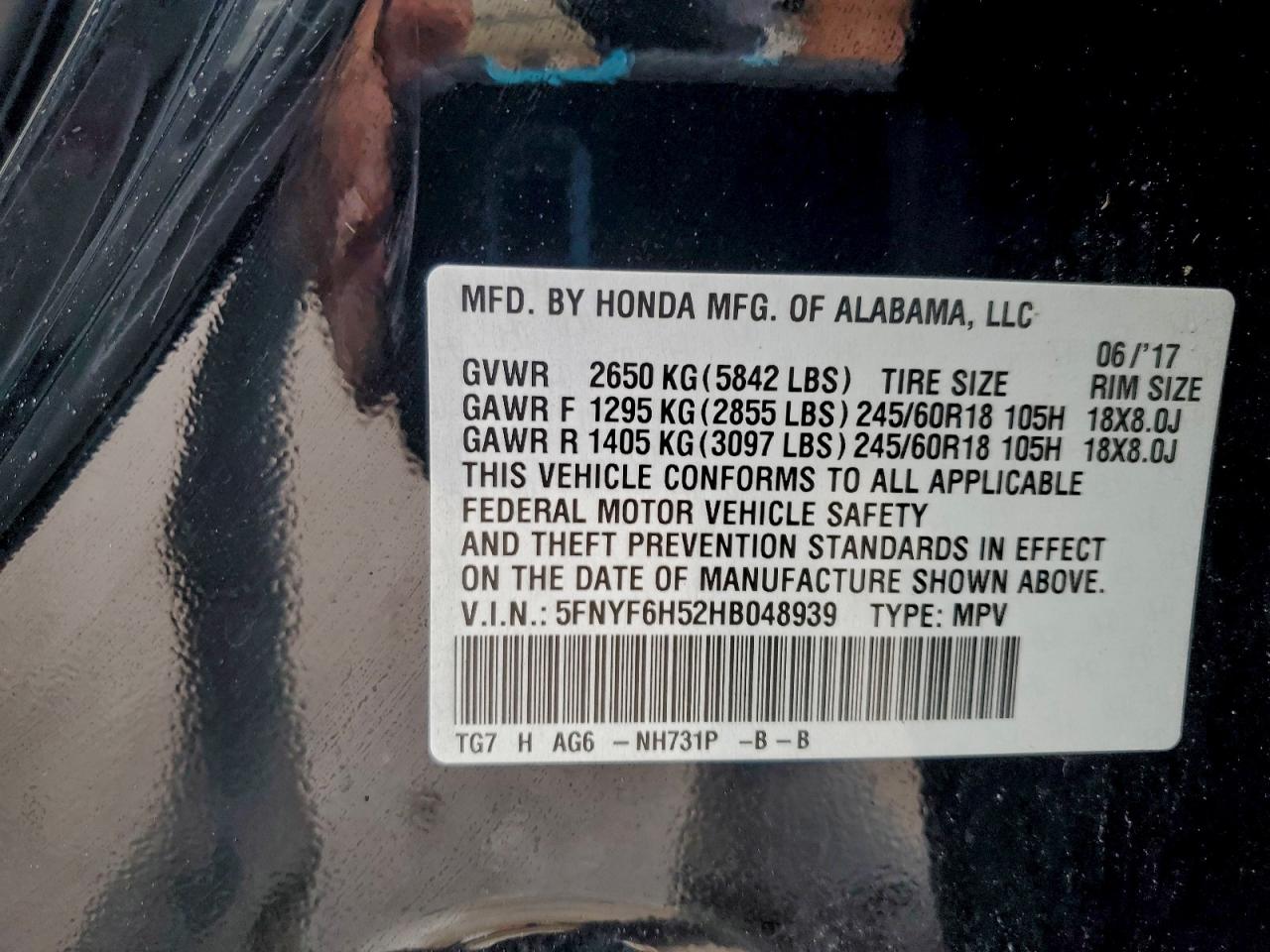 2017 Honda Pilot Exl VIN: 5FNYF6H52HB048939 Lot: 94098615