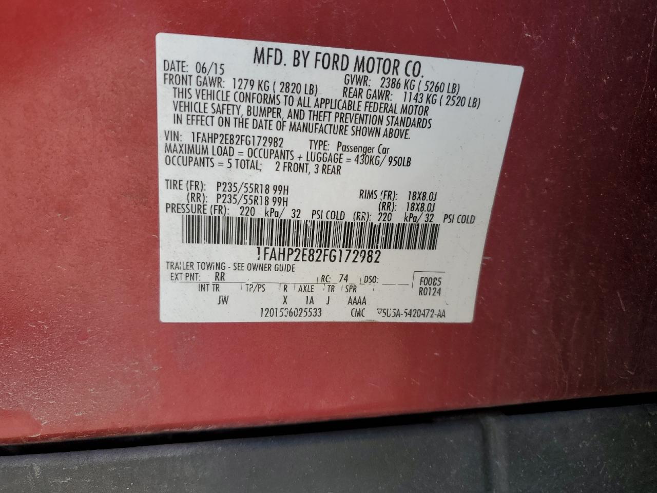 2015 Ford Taurus Sel VIN: 1FAHP2E82FG172982 Lot: 91603435