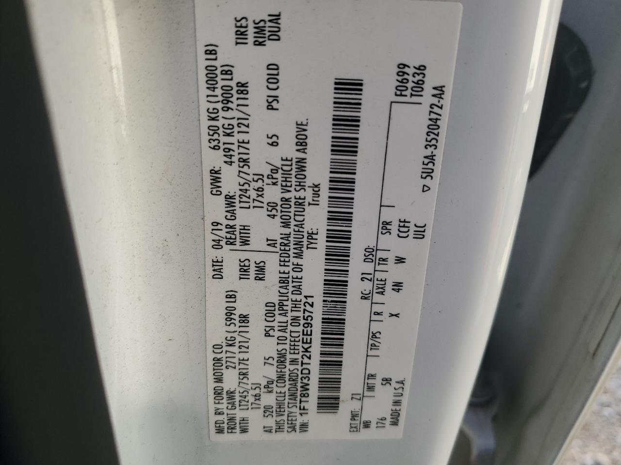 2019 Ford F350 Super Duty VIN: 1FT8W3DT2KEE95721 Lot: 91868335