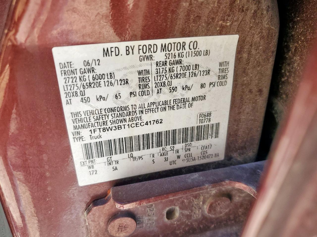 2012 Ford F350 Super Duty VIN: 1FT8W3BT1CEC41762 Lot: 92417385