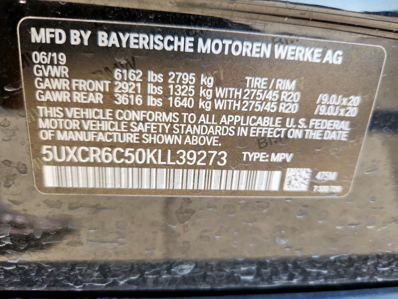 2019 BMW X5 xDrive40I VIN: 5UXCR6C50KLL39273 Lot: 93082925