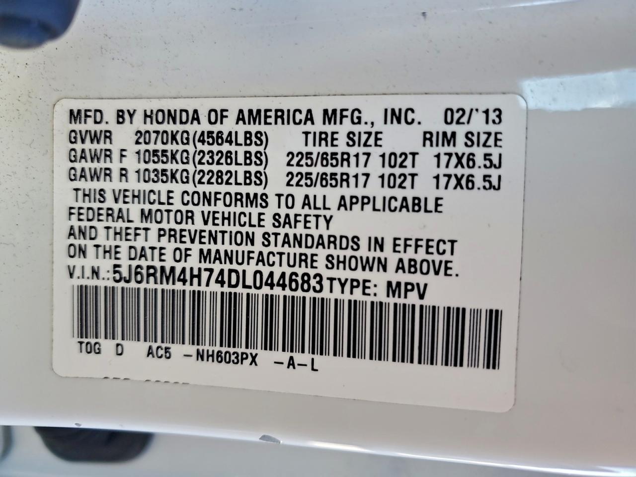 2013 Honda Cr-V Exl VIN: 5J6RM4H74DL044683 Lot: 93653265