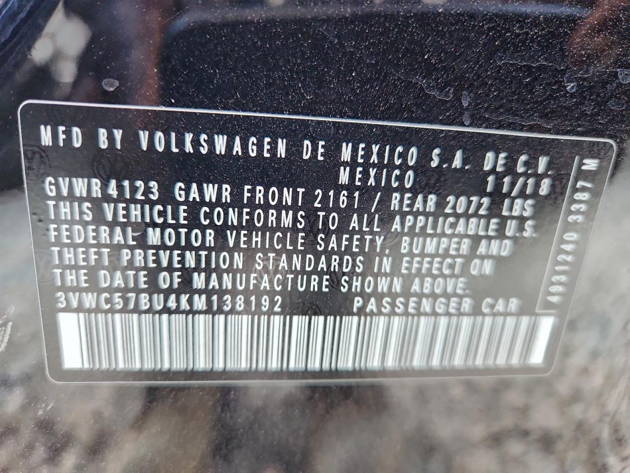 2019 Volkswagen Jetta S VIN: 3VWC57BU4KM138192 Lot: 93775585