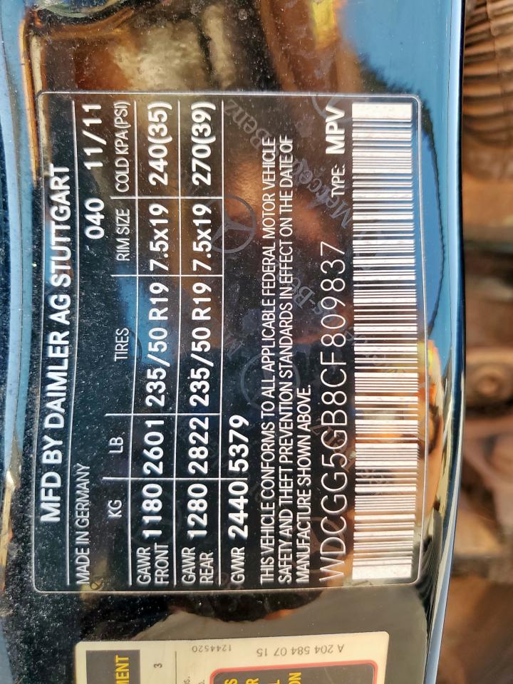 2012 Mercedes-Benz Glk 350 VIN: WDCGG5GB8CF809837 Lot: 91936635