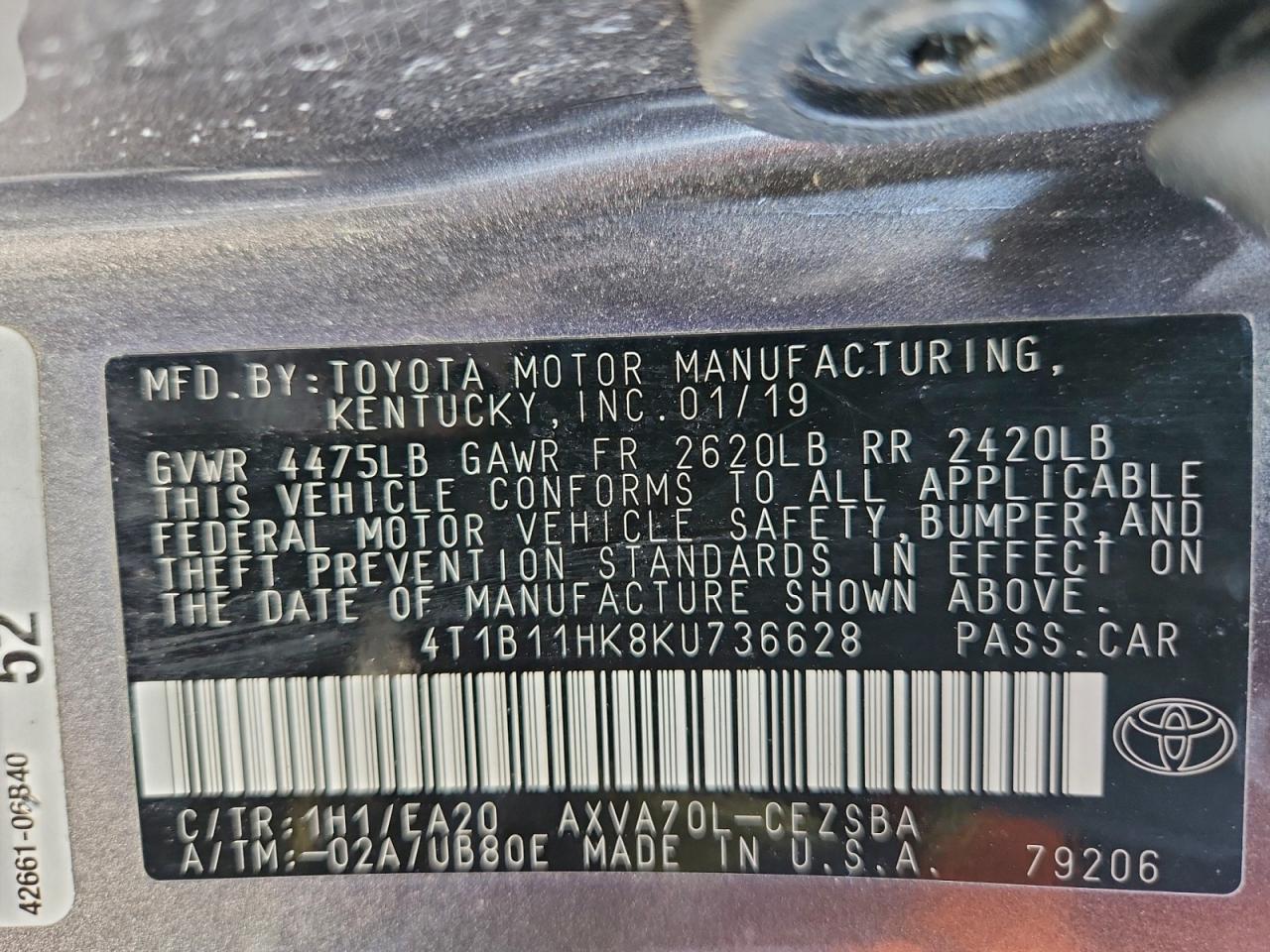 2019 Toyota Camry L VIN: 4T1B11HK8KU736628 Lot: 94420985