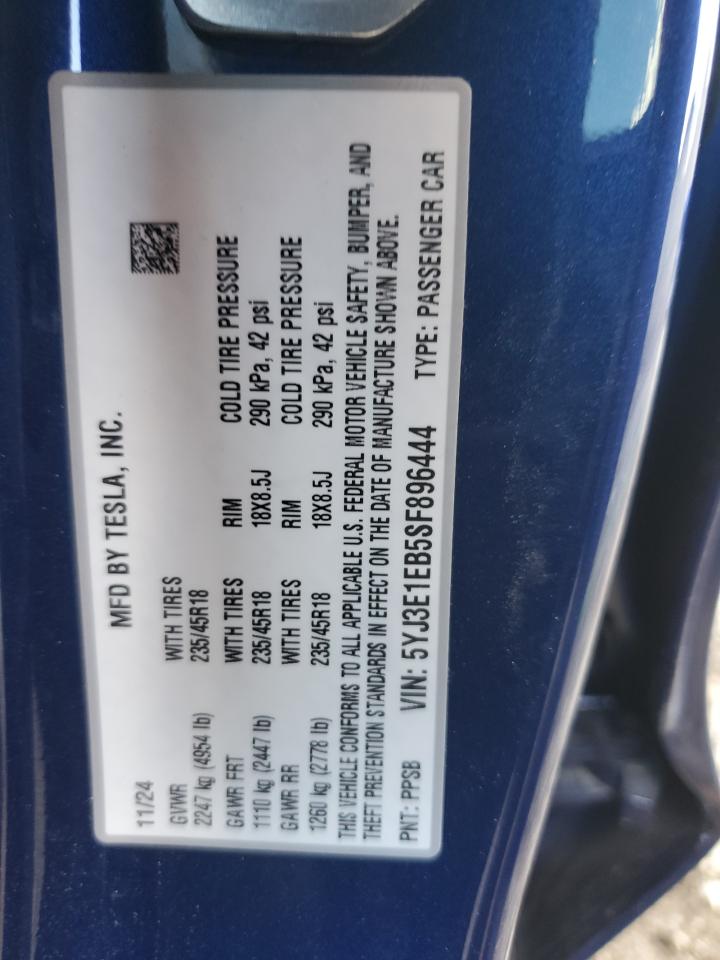 2025 Tesla Model 3 VIN: 5YJ3E1EB5SF896444 Lot: 93604065