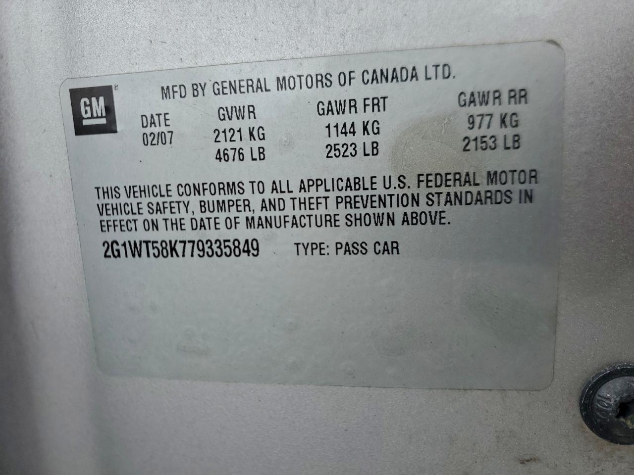 2007 Chevrolet Impala Lt VIN: 2G1WT58K779335849 Lot: 92694045