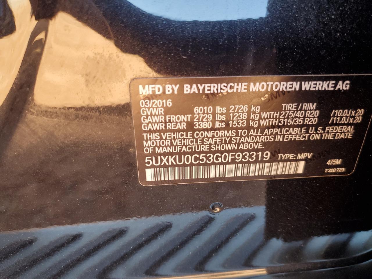 2016 BMW X6 Sdrive35I VIN: 5UXKU0C53G0F93319 Lot: 92698035