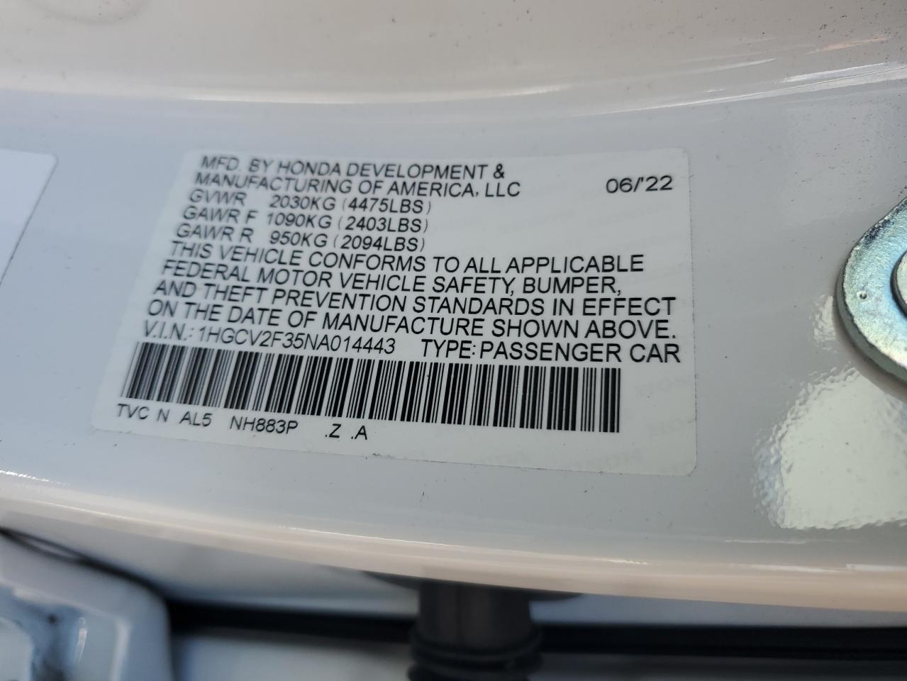 2022 Honda Accord Sport VIN: 1HGCV2F35NA014443 Lot: 93292825