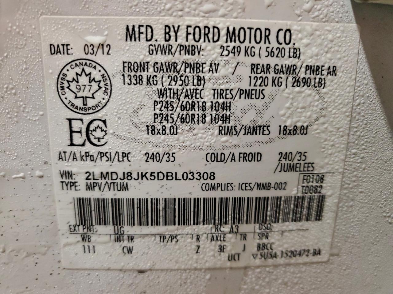 2013 Lincoln Mkx VIN: 2LMDJ8JK5DBL03308 Lot: 94635995