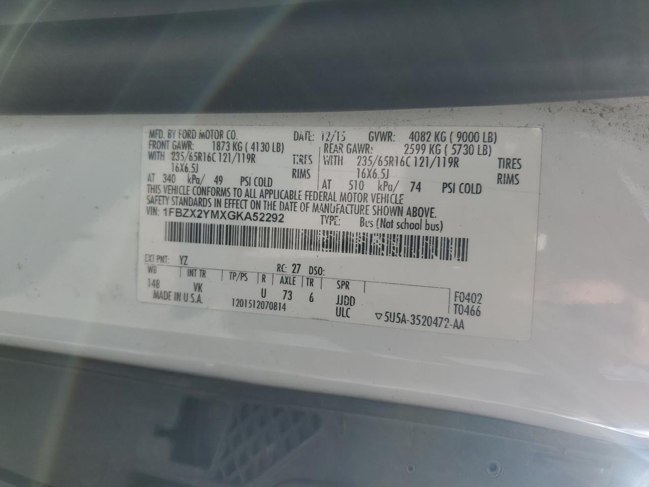 2016 Ford Transit T-350 VIN: 1FBZX2YMXGKA52292 Lot: 93048375