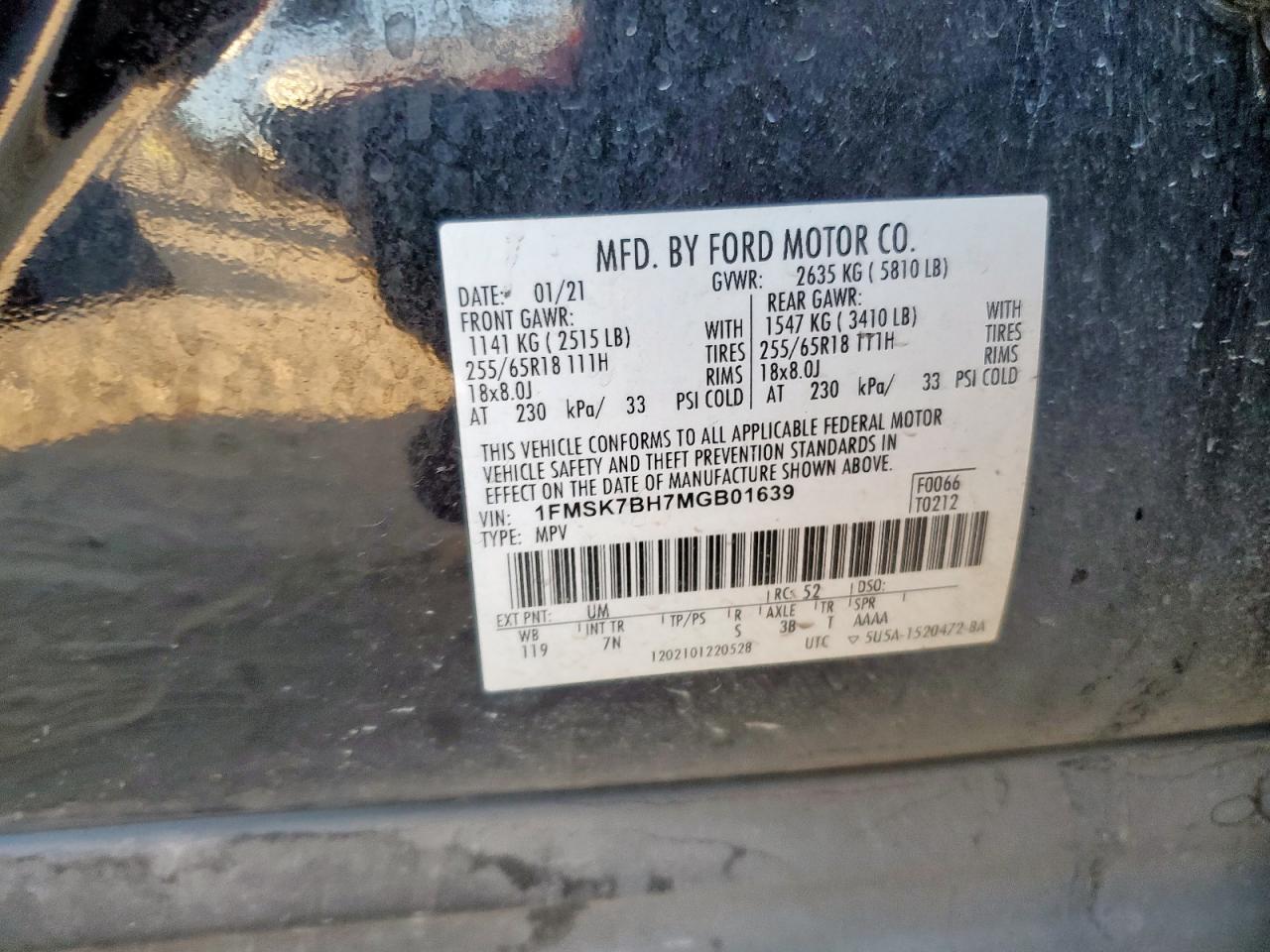 2021 Ford Explorer VIN: 1FMSK7BH7MGB01639 Lot: 92593865