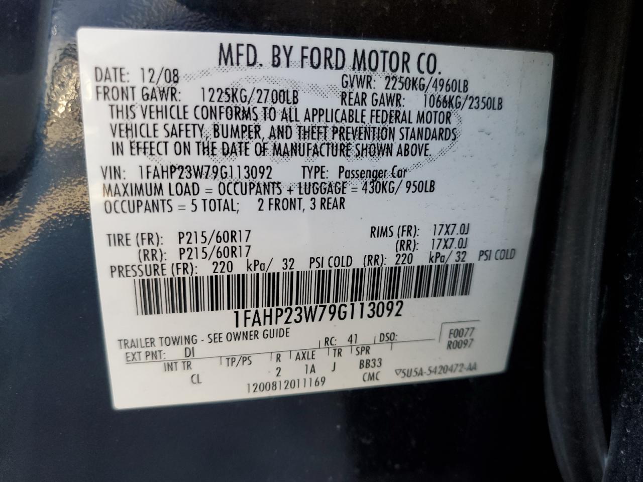 2009 Ford Taurus Se VIN: 1FAHP23W79G113092 Lot: 93097505