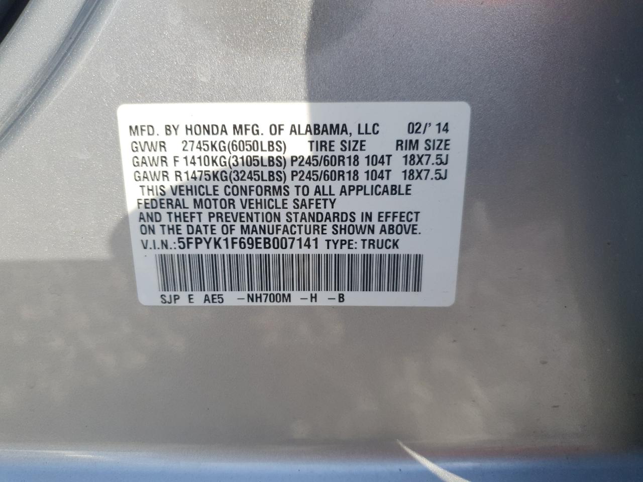 2014 Honda Ridgeline Rtl-S VIN: 5FPYK1F69EB007141 Lot: 92407475