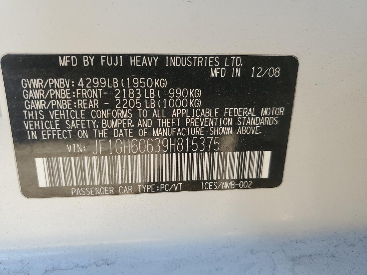 2009 Subaru Impreza 2.5I Premium VIN: JF1GH60639H815375 Lot: 91597515