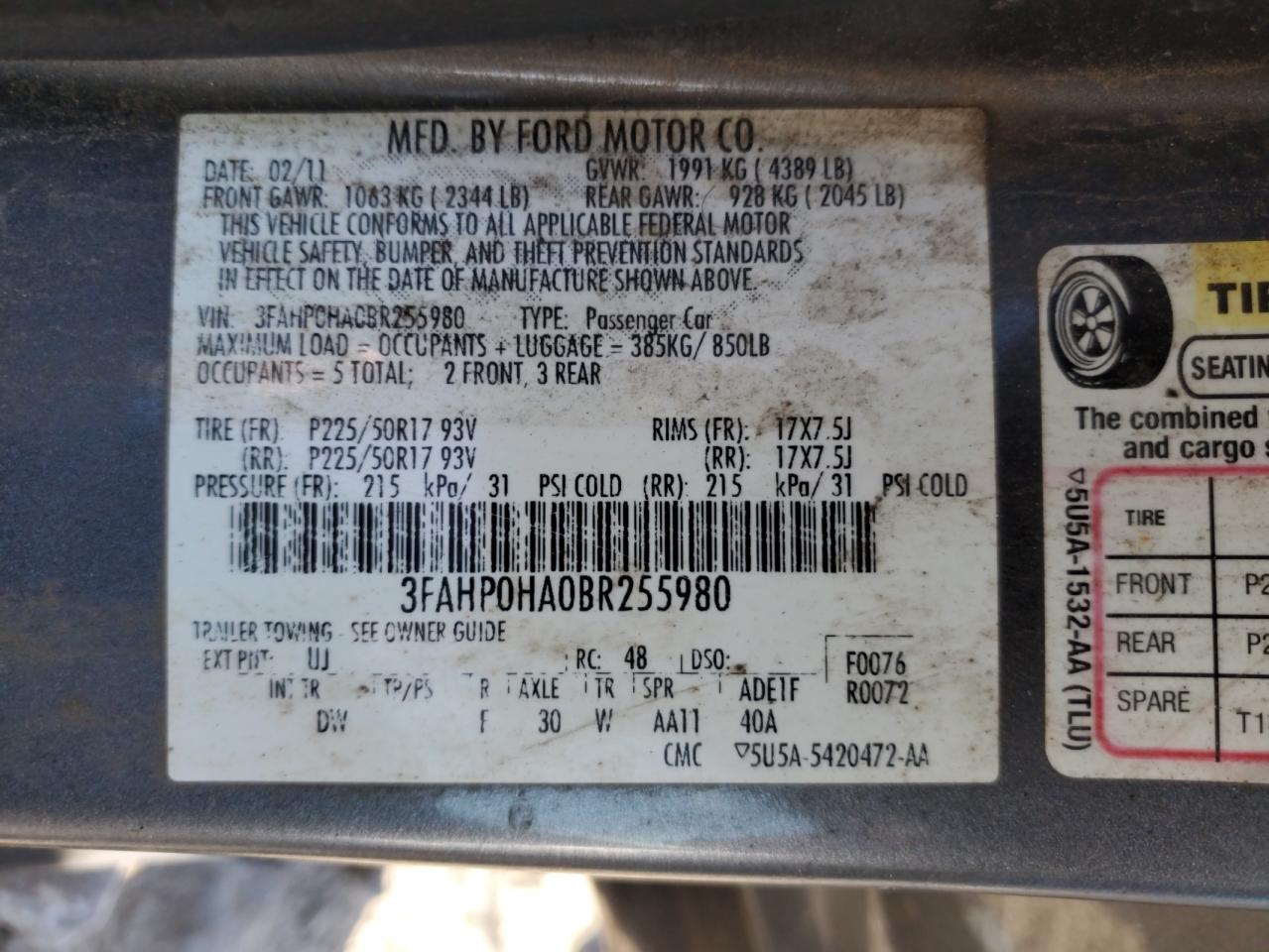 2011 Ford Fusion Se VIN: 3FAHP0HA0BR255980 Lot: 92619355