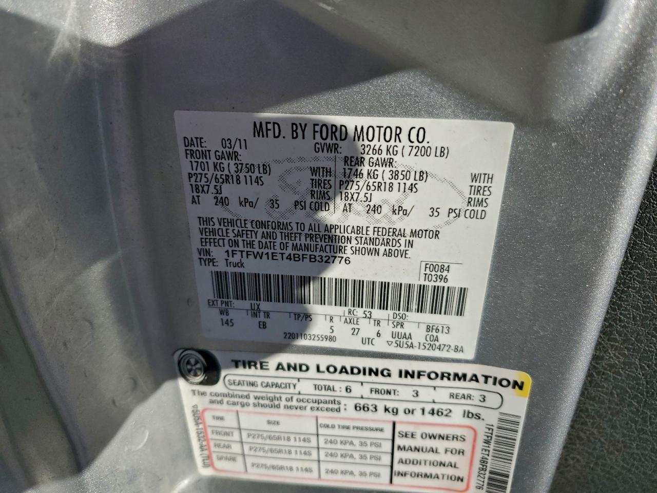 2011 Ford F150 Supercrew VIN: 1FTFW1ET4BFB32776 Lot: 94102845