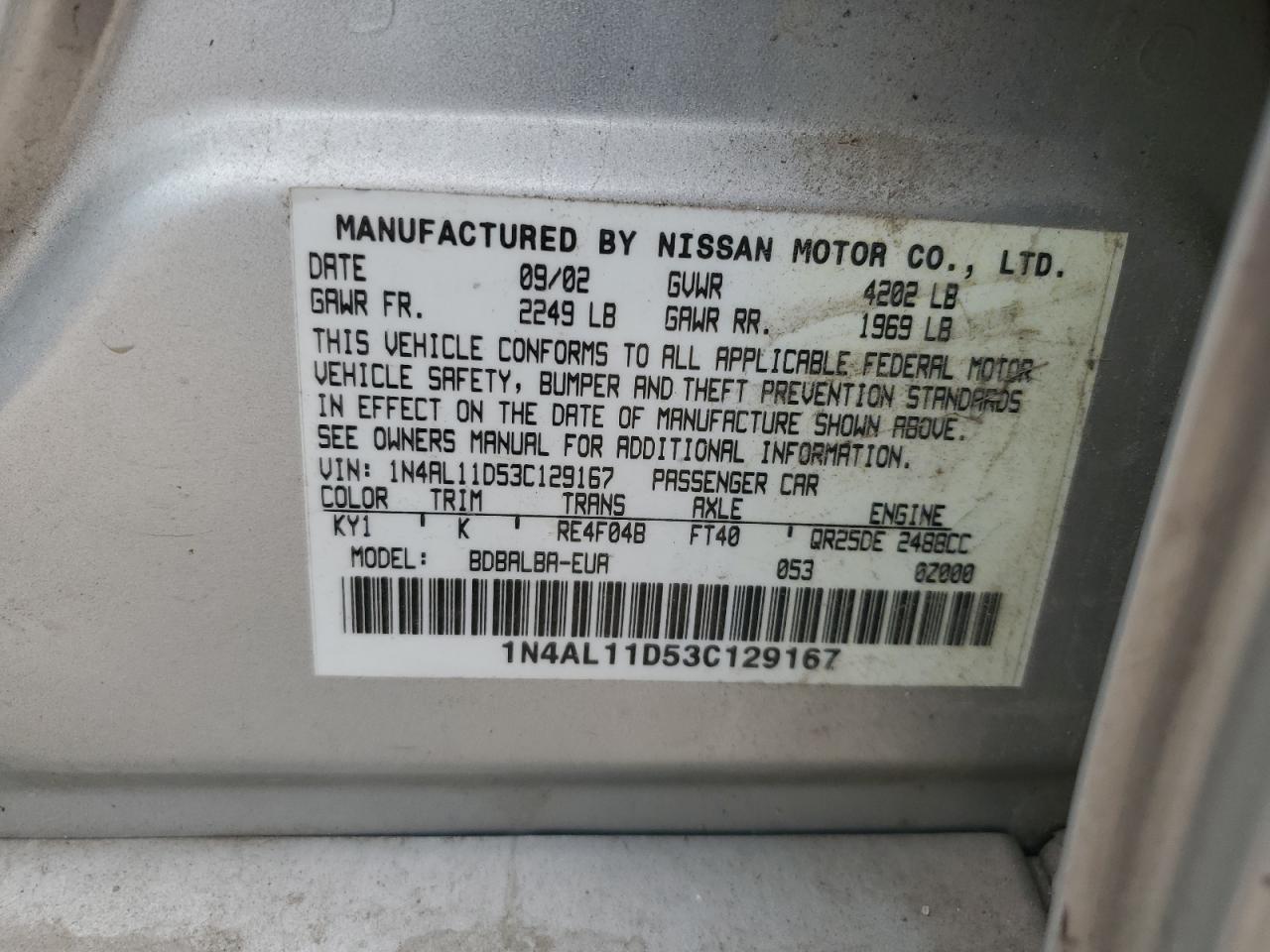 2003 Nissan Altima Base VIN: 1N4AL11D53C129167 Lot: 90430055