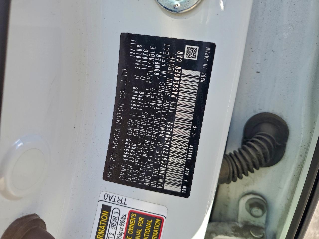 2018 Honda Clarity Touring VIN: JHMZC5F37JC004252 Lot: 91730235