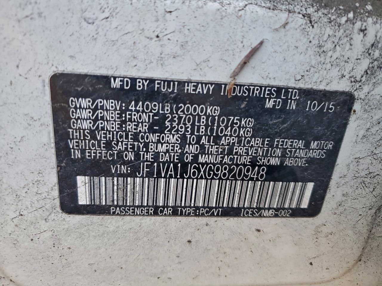 2016 Subaru Wrx Limited VIN: JF1VA1J6XG9820948 Lot: 94504765