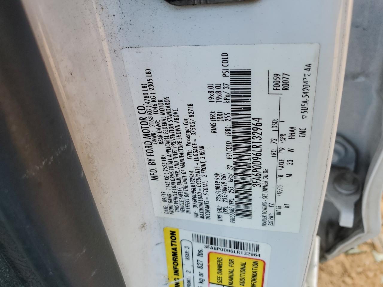 2020 Ford Fusion Titanium VIN: 3FA6P0D96LR132964 Lot: 93953805