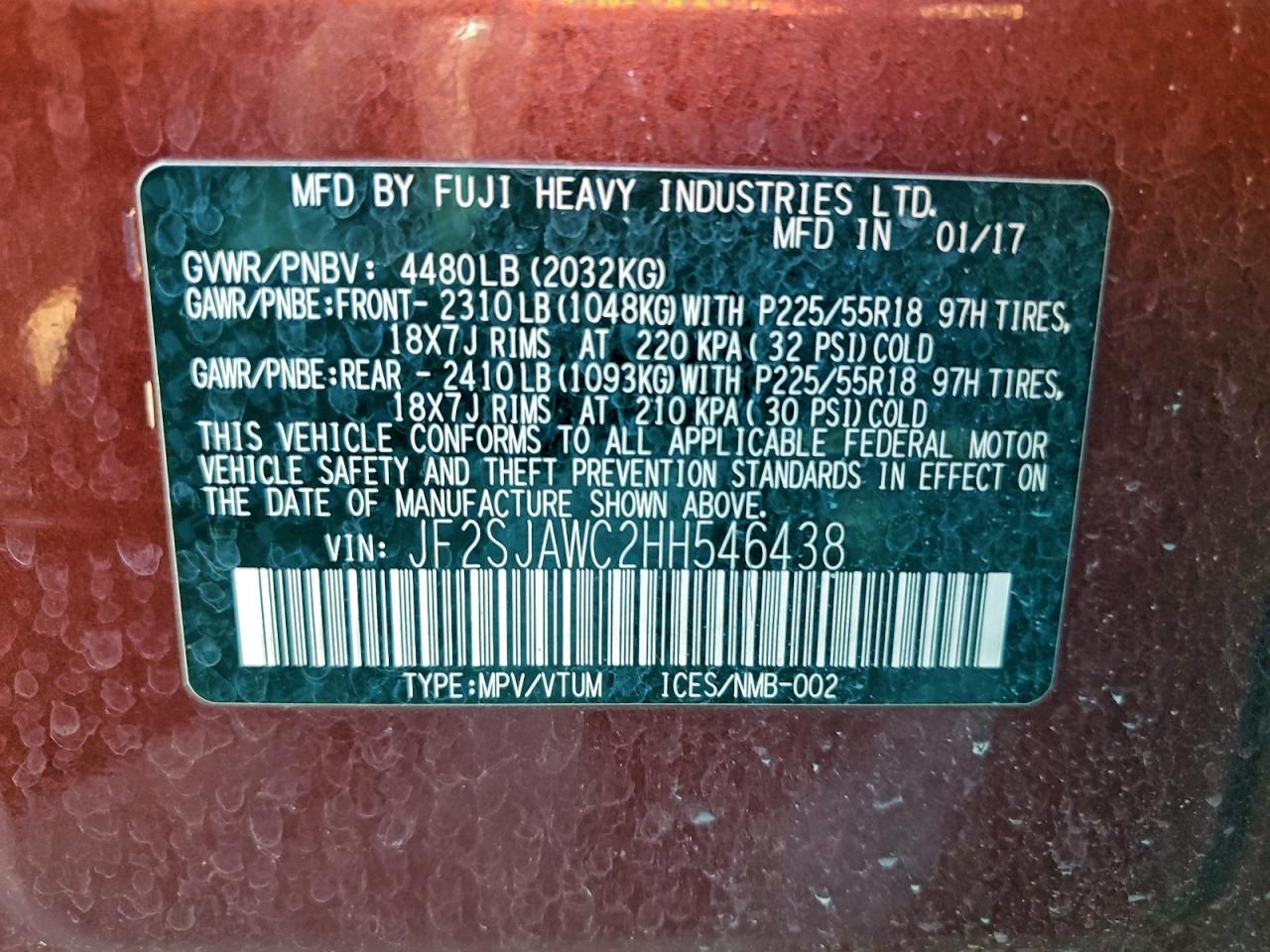 2017 Subaru Forester 2.5I Touring VIN: JF2SJAWC2HH546438 Lot: 94146315