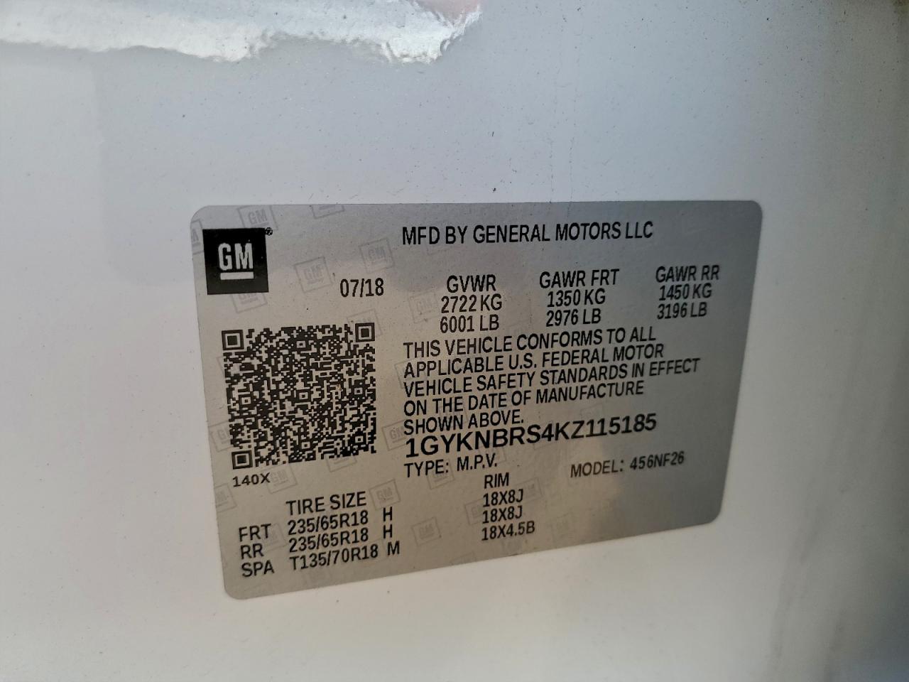 2019 Cadillac Xt5 VIN: 1GYKNBRS4KZ115185 Lot: 93868325