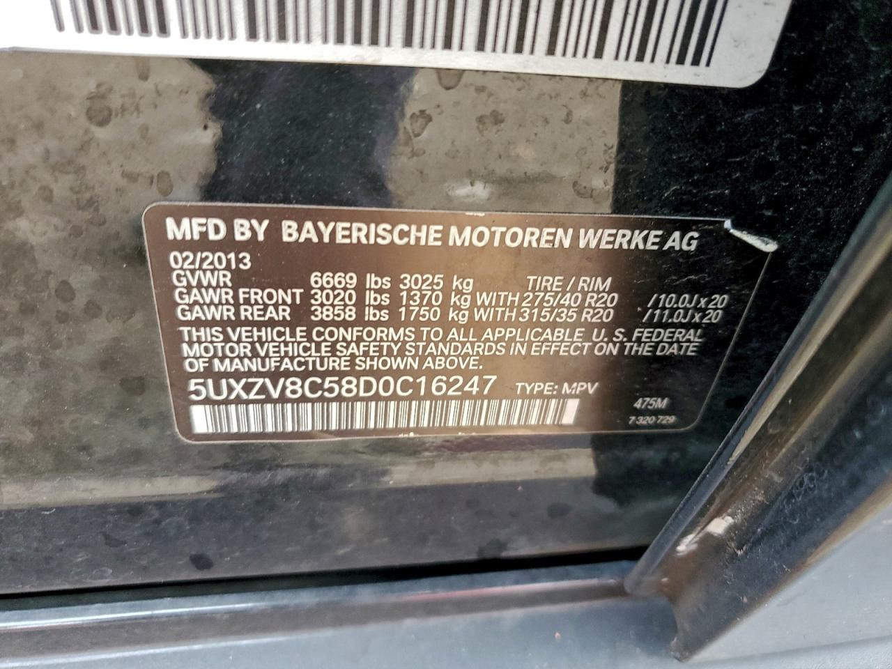 2013 BMW X5 xDrive50I VIN: 5UXZV8C58D0C16247 Lot: 93755025