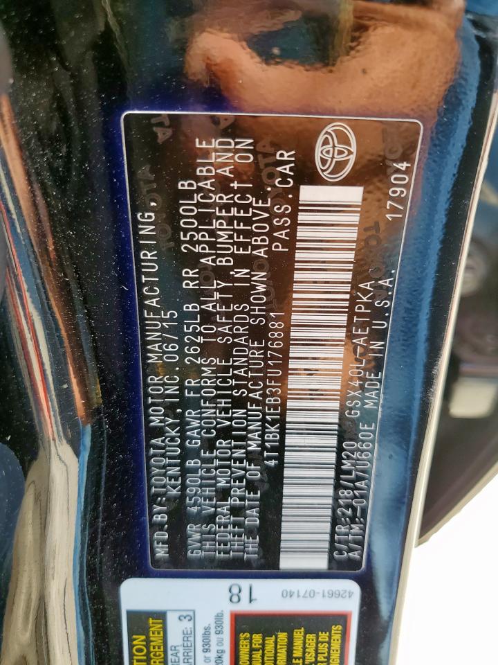 2015 Toyota Avalon Xle VIN: 4T1BK1EB3FU176881 Lot: 91248215