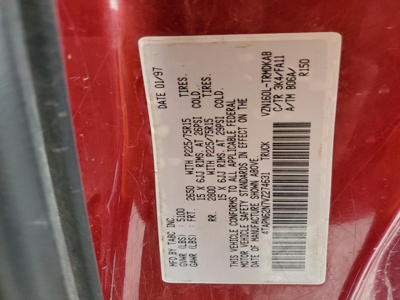 1997 Toyota Tacoma VIN: 4TAPN62N7VZ274631 Lot: 93809415