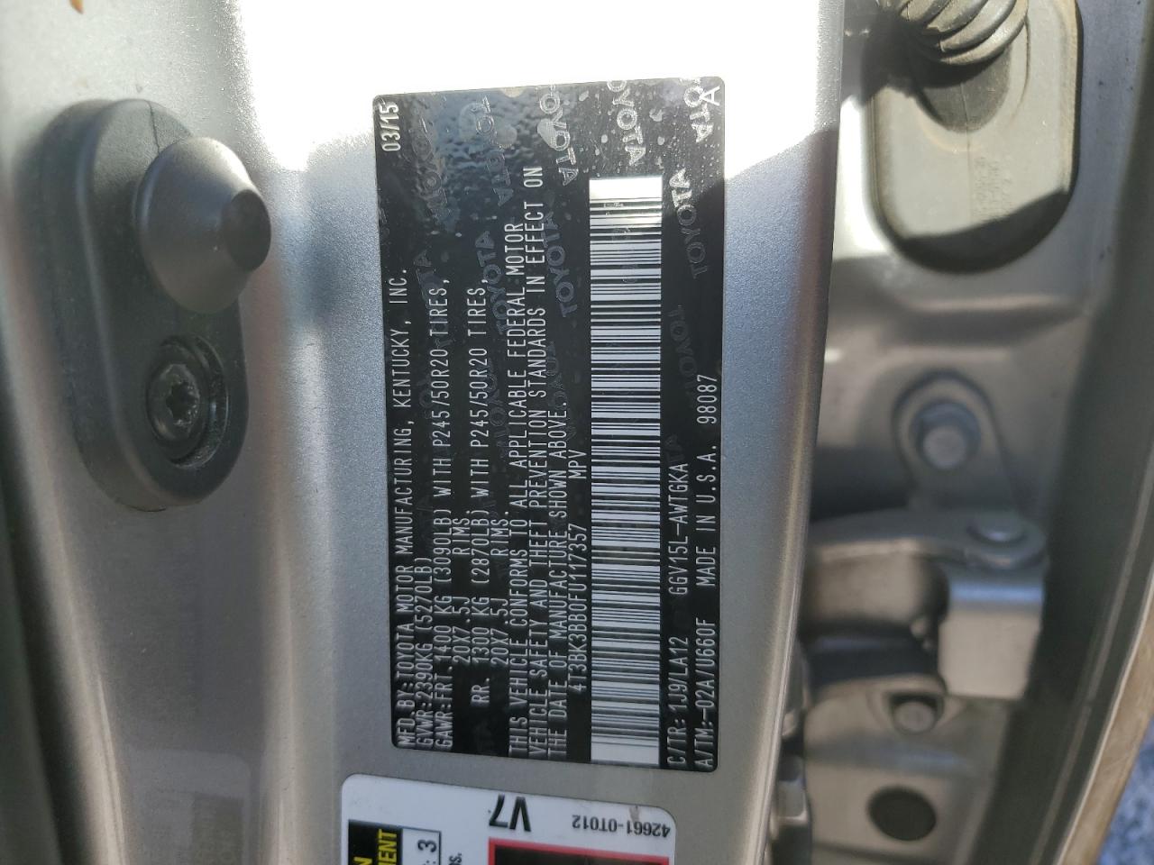 2015 Toyota Venza Le VIN: 4T3BK3BB0FU117357 Lot: 92267325