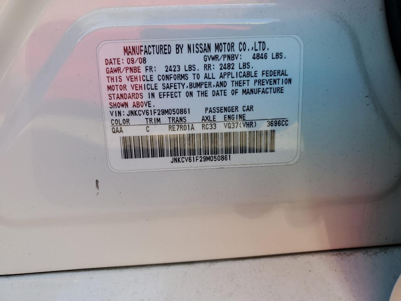 2009 Infiniti G37 VIN: JNKCV61F29M050861 Lot: 93067645