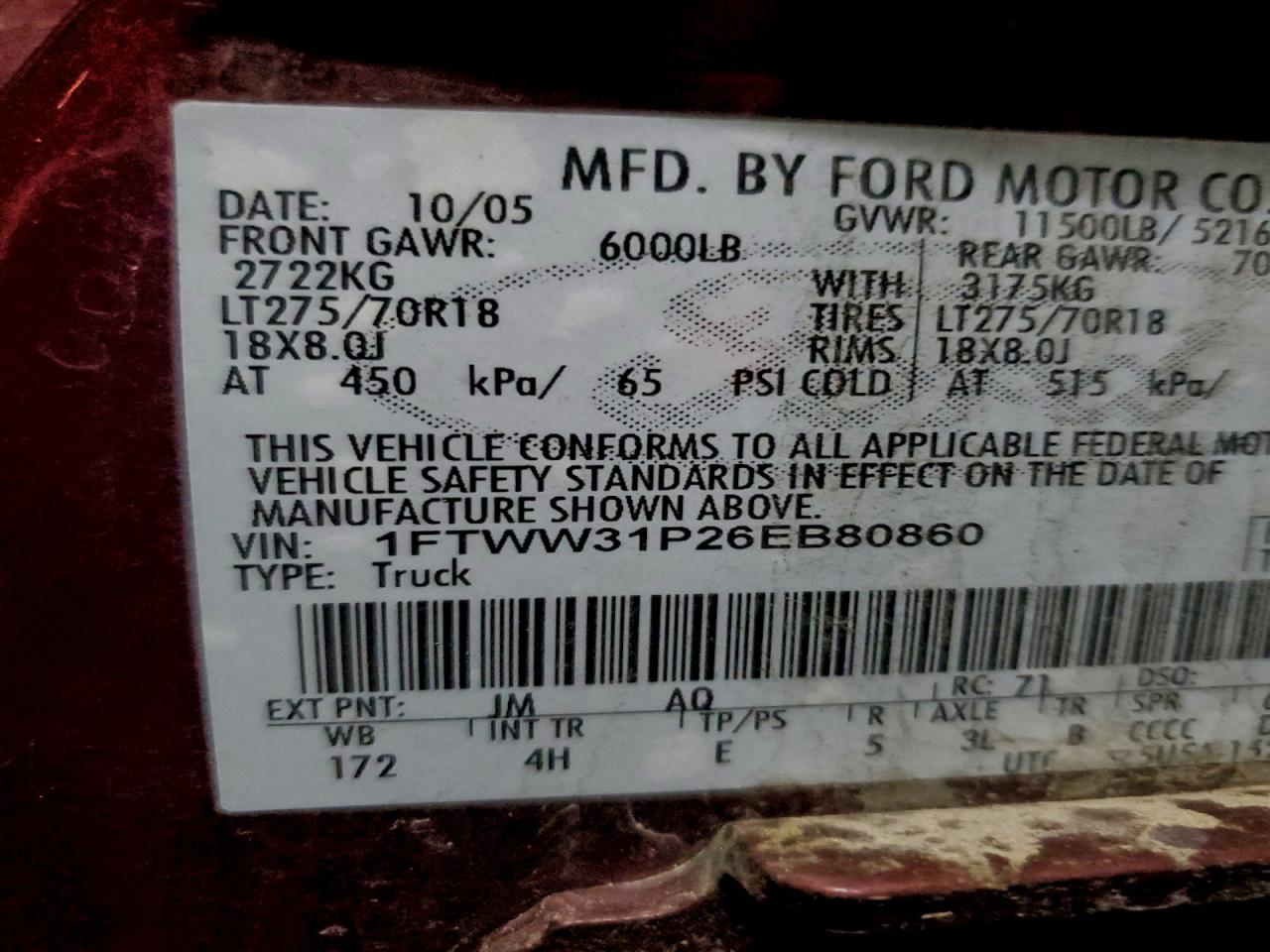 2006 Ford F350 Srw Super Duty VIN: 1FTWW31P26EB80860 Lot: 94384305