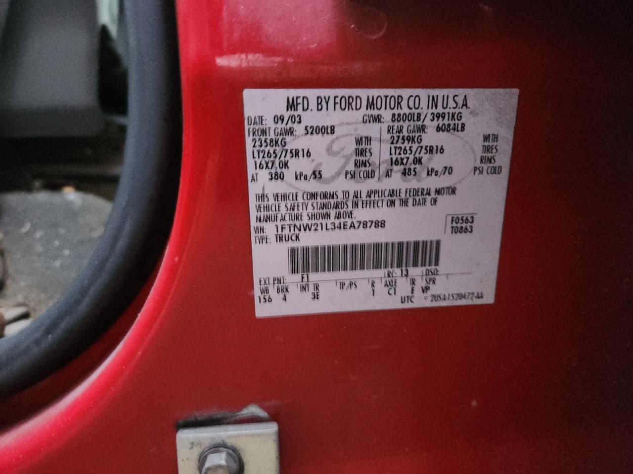 2004 Ford F250 Super Duty VIN: 1FTNW21L34EA78788 Lot: 90953055