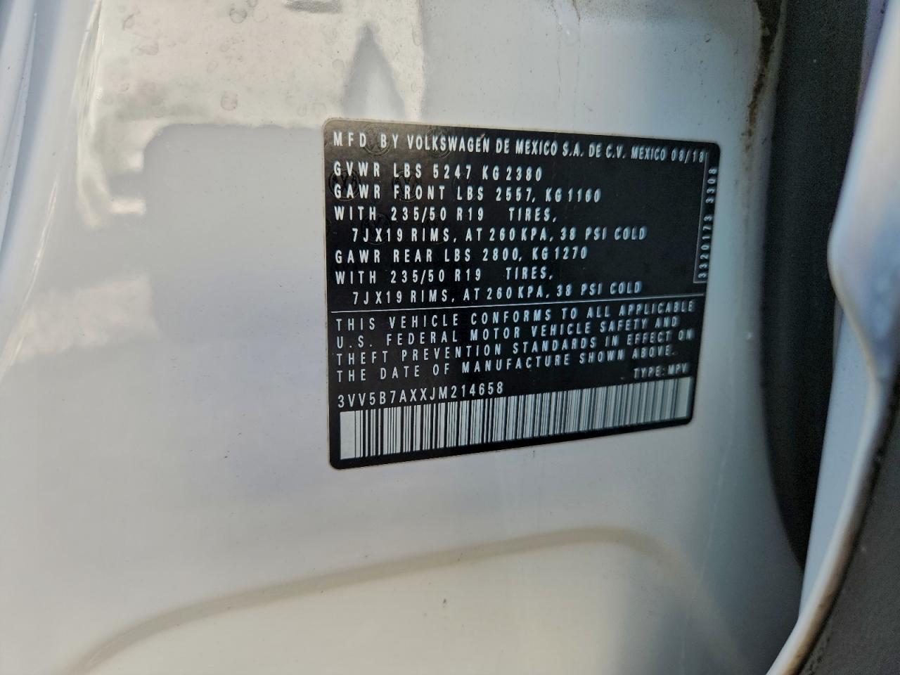 2018 Volkswagen Tiguan Sel Premium VIN: 3VV5B7AXXJM214658 Lot: 94213635